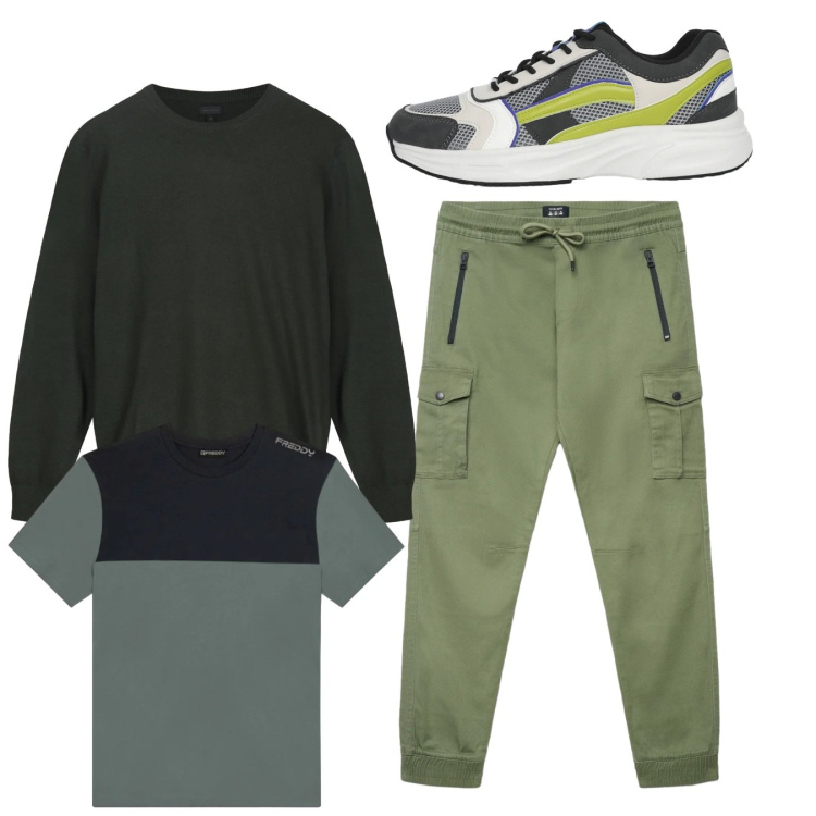 Outfit uomo - City. Stile Casual per Tutti i giorni. Abbinamento con sneakers, pantaloni cargo, t-shirt, maglieria.