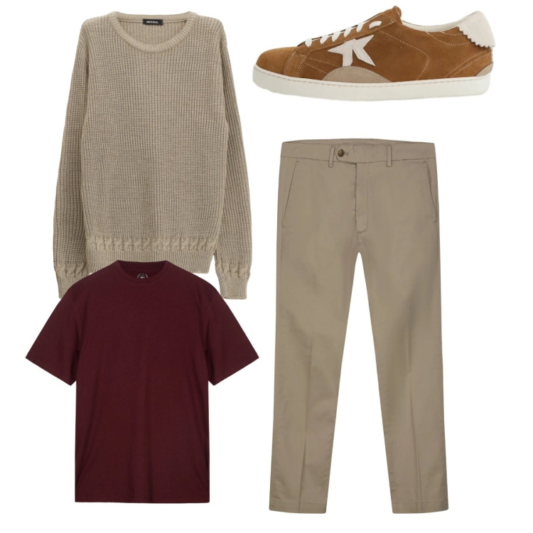 Outfit uomo - City. Stile Casual per Tutti i giorni. Abbinamento con maglieria, sneakers, pantaloni chino, t-shirt.