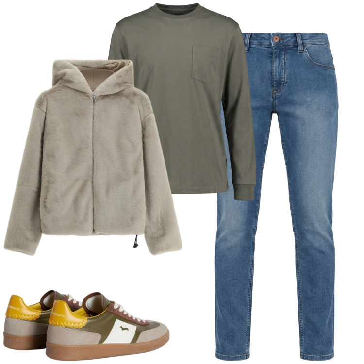 Outfit uomo - Febbraio. Stile Urban per Tutti i giorni. Abbinamento con t-shirt, sneakers, jeans, bomber.