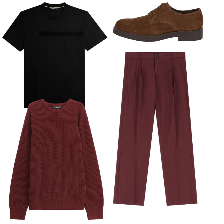Outfit uomo - City wine. Stile Casual per Tutti i giorni. Abbinamento con pantaloni, maglieria, t-shirt, scarpe stringate.