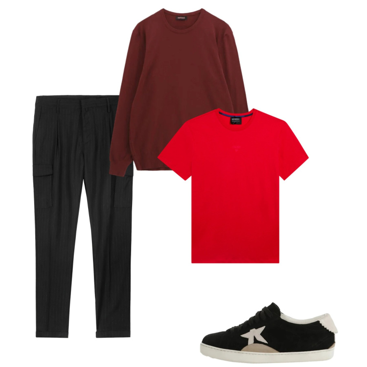 Outfit uomo - City. Stile Casual per Tutti i giorni. Abbinamento con maglieria, sneakers, t-shirt, pantaloni cargo.