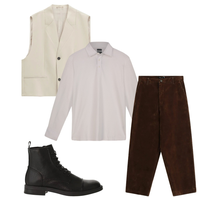 Outfit uomo - Total look #2346411. Stile Trendy per Serata speciale. Abbinamento con gilet, pantaloni, anfibi, polo.