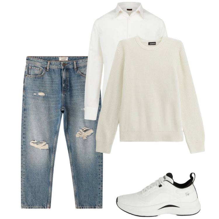 Outfit uomo - City. Stile Casual per Tutti i giorni. Abbinamento con maglieria, jeans strappati, sneakers, camicie.