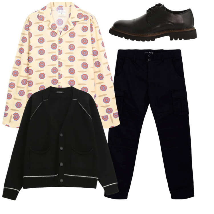 Outfit uomo - City. Stile Casual per Tutti i giorni. Abbinamento con pantaloni cargo, camicie, scarpe stringate, cardigans.