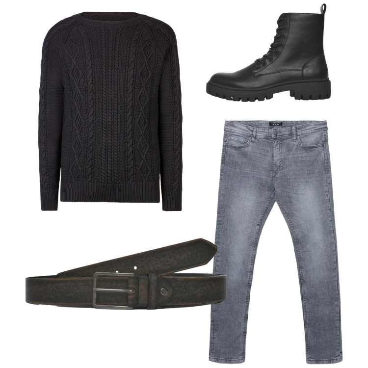 Outfit uomo - City. Stile Casual per Tutti i giorni. Abbinamento con anfibi, cinture, jeans skinny, maglieria.