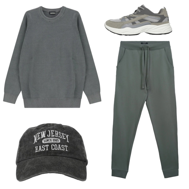 Outfit uomo - City. Stile Casual per Tutti i giorni. Abbinamento con sneakers, cappelli con visiera, pantaloni, pullovers.