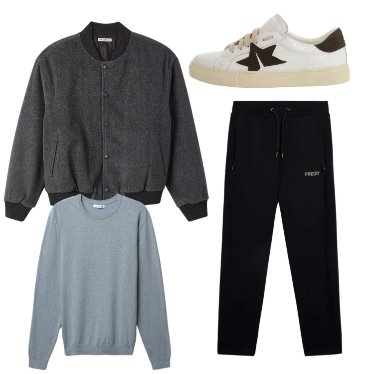 Outfit uomo - City. Stile Casual per Tutti i giorni. Abbinamento con bomber, maglieria, sneakers, pantaloni.