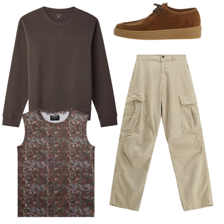 Outfit uomo - City. Stile Casual per Tutti i giorni. Abbinamento con pantaloni cargo, scarpe stringate, felpe, canottiere.