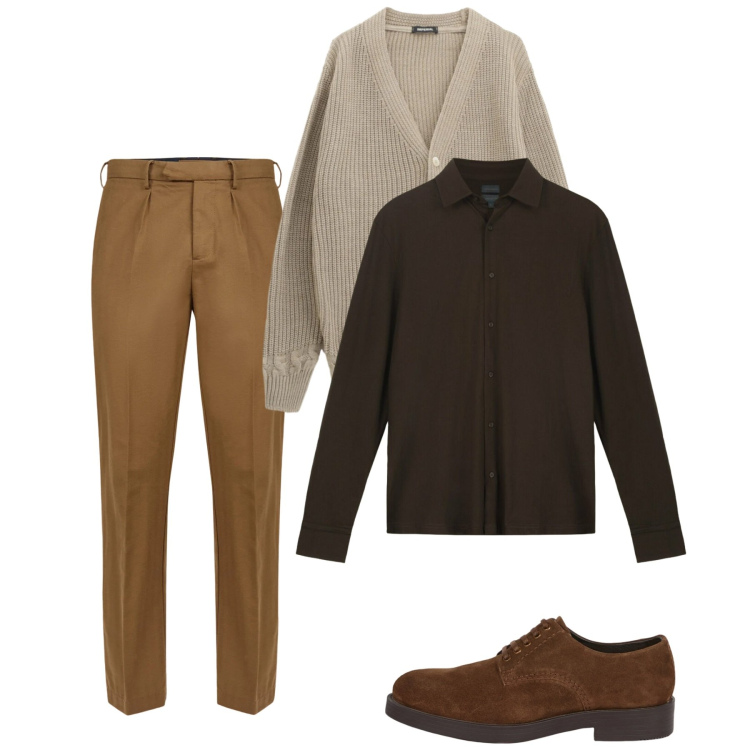Outfit uomo - City. Stile Casual per Tutti i giorni. Abbinamento con cardigans, scarpe stringate, pantaloni, polo.
