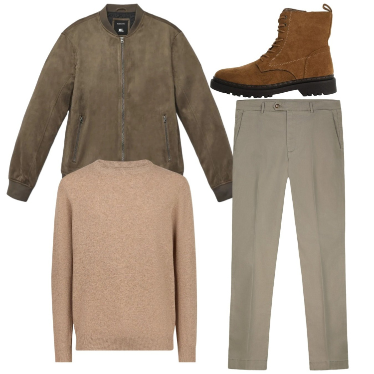 Outfit uomo - City. Stile Casual per Tutti i giorni. Abbinamento con giacche, anfibi, maglieria, pantaloni chino.