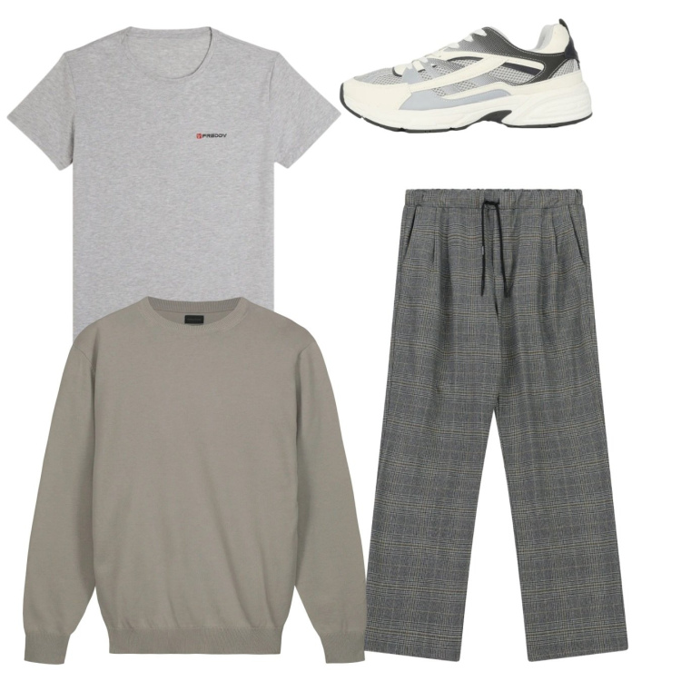 Outfit uomo - City check. Stile Casual per Tutti i giorni. Abbinamento con sneakers, pantaloni, t-shirt sportive, maglieria.