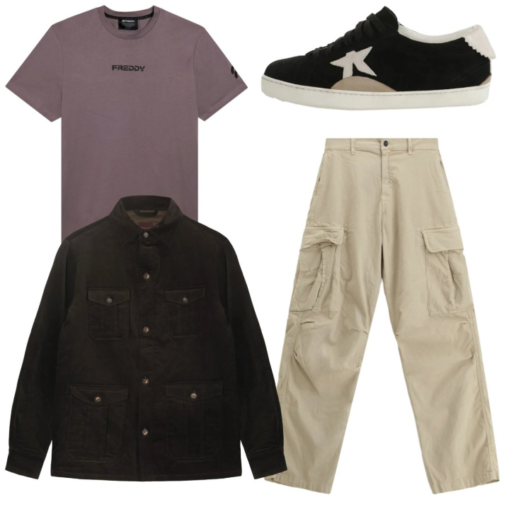 Outfit uomo - City. Stile Casual per Tutti i giorni. Abbinamento con pantaloni cargo, sneakers, t-shirt, cappotti.
