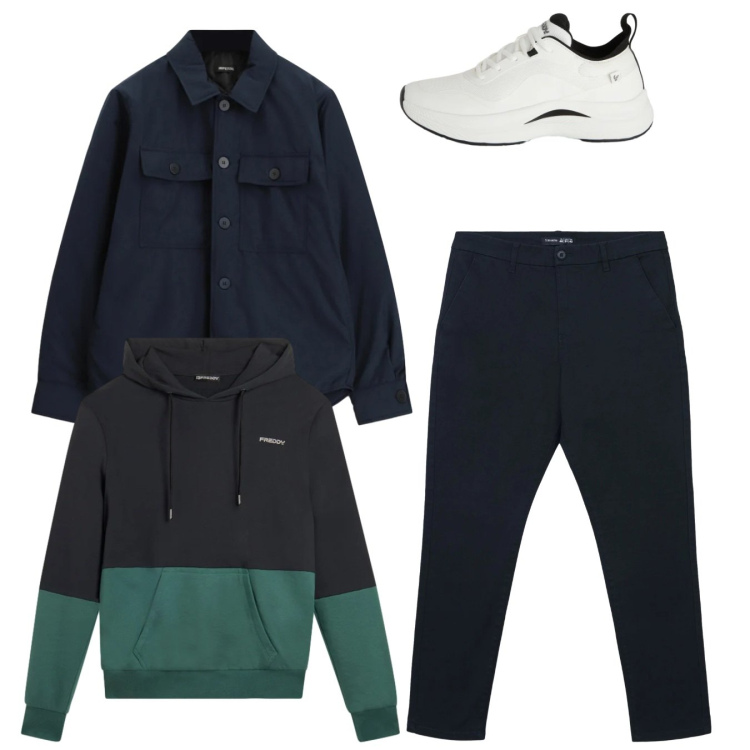 Outfit uomo - City. Stile Casual per Tutti i giorni. Abbinamento con cappotti, pantaloni chino, sneakers, felpe con cappuccio.