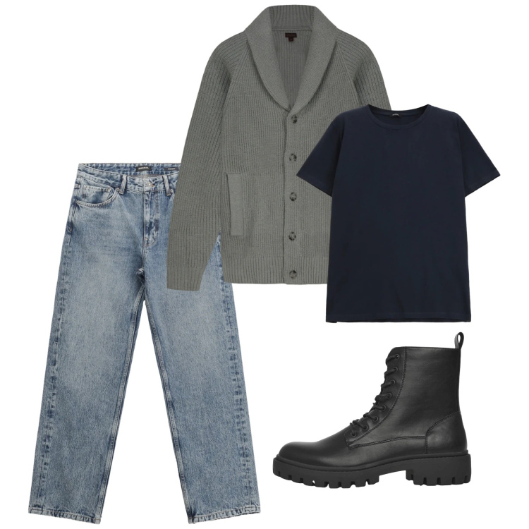 Outfit uomo - City. Stile Casual per Tutti i giorni. Abbinamento con jeans dritti, t-shirt, anfibi, cardigans.