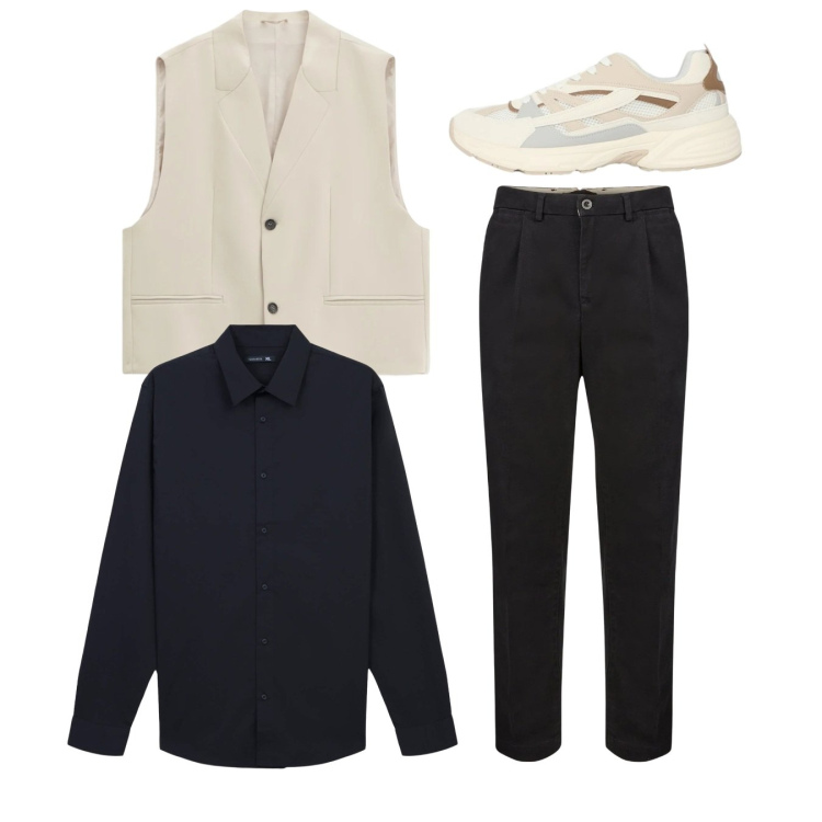 Outfit uomo - City. Stile Casual per Tutti i giorni. Abbinamento con gilet, sneakers, camicie, pantaloni.