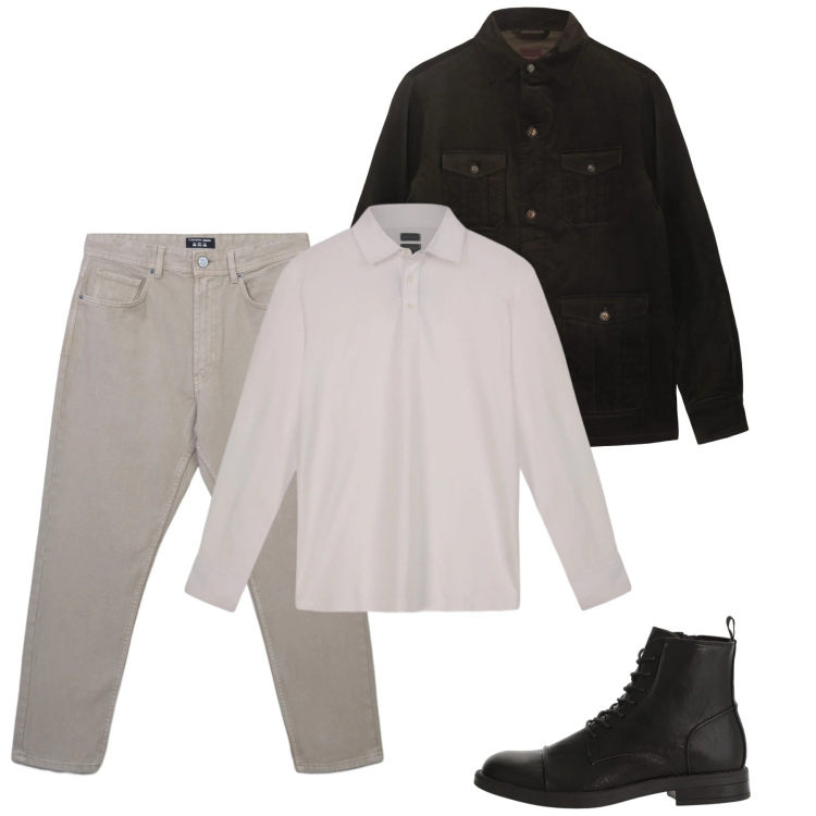 Outfit uomo - City. Stile Casual per Tutti i giorni. Abbinamento con jeans, anfibi, polo, cappotti.