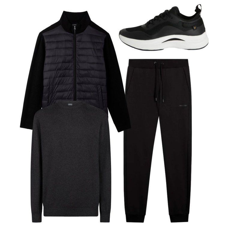 Outfit uomo - Dark city. Stile Casual per Tutti i giorni. Abbinamento con piumini, sneakers, pantaloni, maglieria.