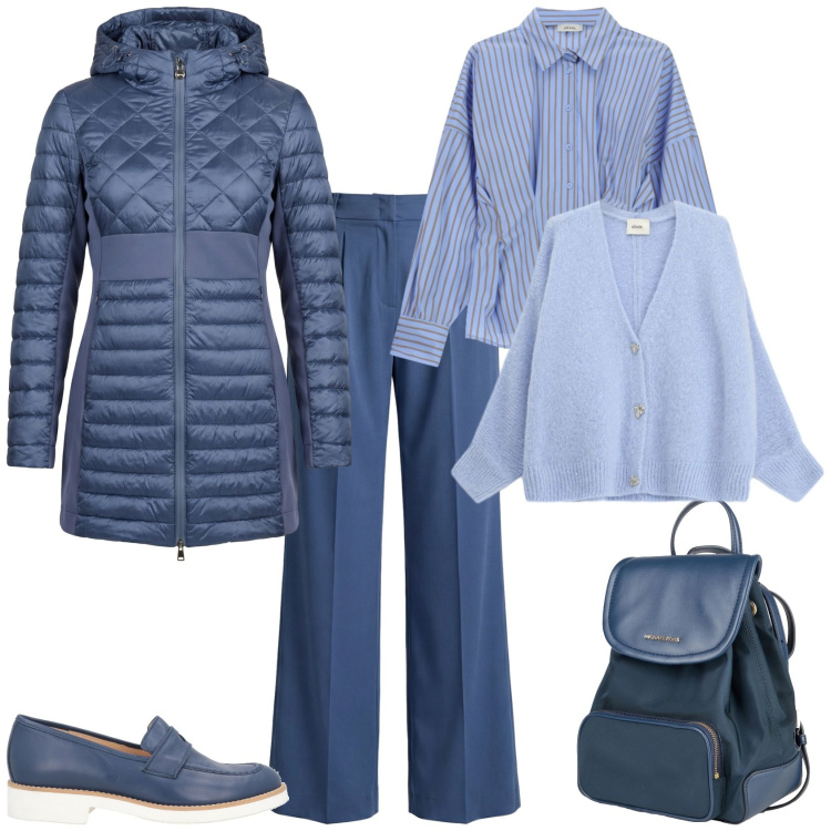 Outfit donna - Trendy ufficio week end. Stile Trendy per Tutti i giorni. Abbinamento con zaini, mocassini, piumini, pantaloni, cardigans, camicie.