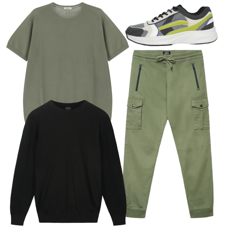 Outfit uomo - City. Stile Casual per Tutti i giorni. Abbinamento con sneakers, pantaloni cargo, t-shirt, maglieria.