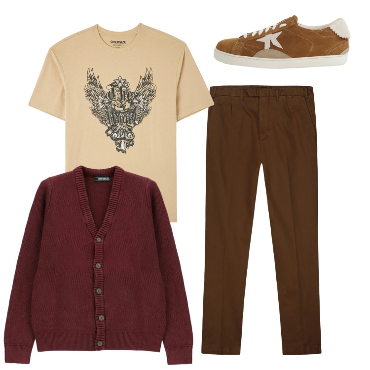 Outfit uomo - City. Stile Casual per Tutti i giorni. Abbinamento con sneakers, cardigans, t-shirt, pantaloni.