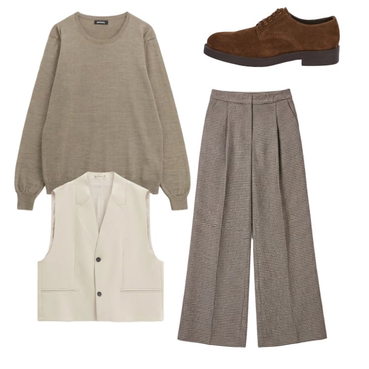 Outfit uomo - City. Stile Casual per Tutti i giorni. Abbinamento con gilet, maglieria, pantaloni a palazzo, scarpe stringate.