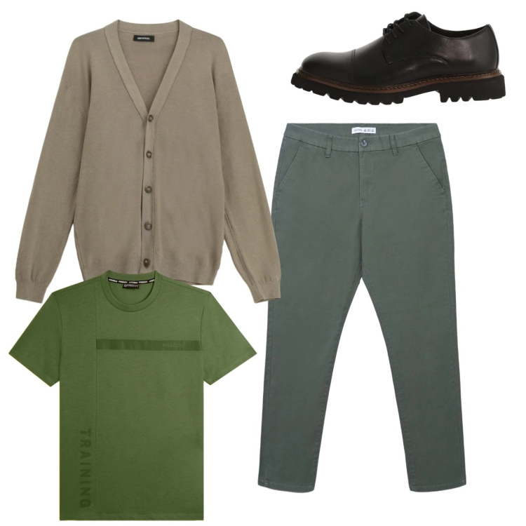 Outfit uomo - City. Stile Casual per Tutti i giorni. Abbinamento con cardigans, scarpe stringate, pantaloni chino, t-shirt.
