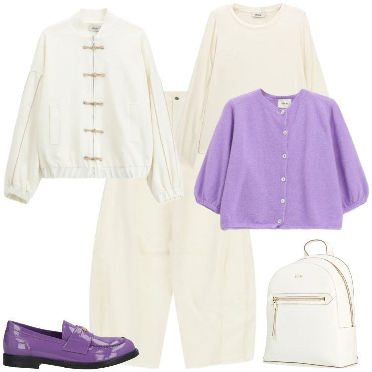 Outfit donna - Romantica ogni giorno. Stile Romantica per Tutti i giorni. Abbinamento con mocassini, zaini, cardigans, bomber, t-shirt, pantaloni a palazzo.