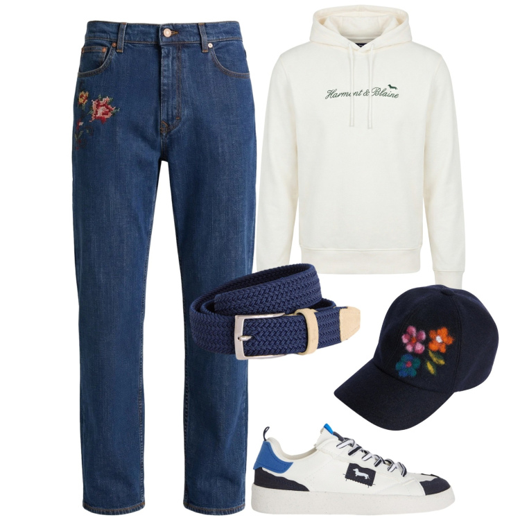 Outfit uomo - Febbraio. Stile Casual per Tutti i giorni. Abbinamento con cappelli con visiera, cinture, sneakers, jeans, felpe con cappuccio.