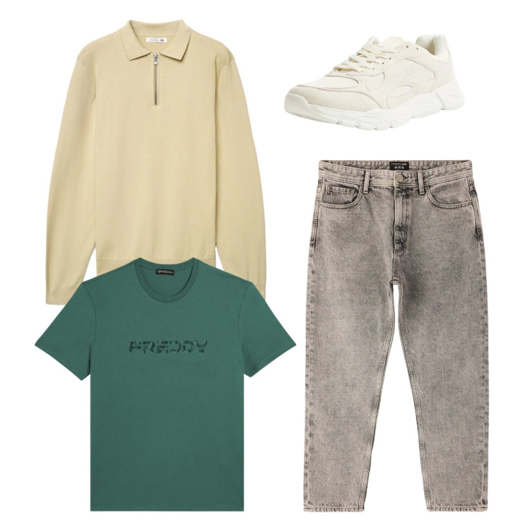 Outfit uomo - City. Stile Casual per Tutti i giorni. Abbinamento con sneakers, jeans dritti, maglieria, t-shirt.