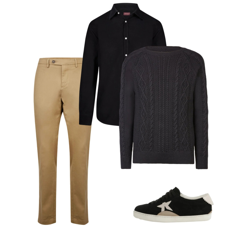 Outfit uomo - City. Stile Casual per Tutti i giorni. Abbinamento con sneakers, pantaloni chino, maglieria, camicie.