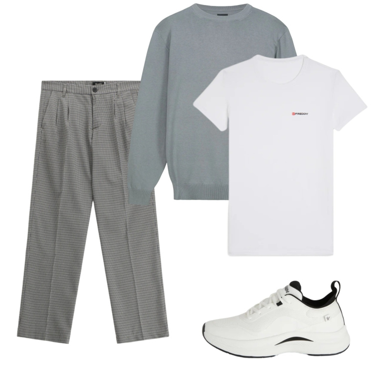 Outfit uomo - City. Stile Trendy per Tutti i giorni. Abbinamento con pantaloni, sneakers, t-shirt, maglieria.