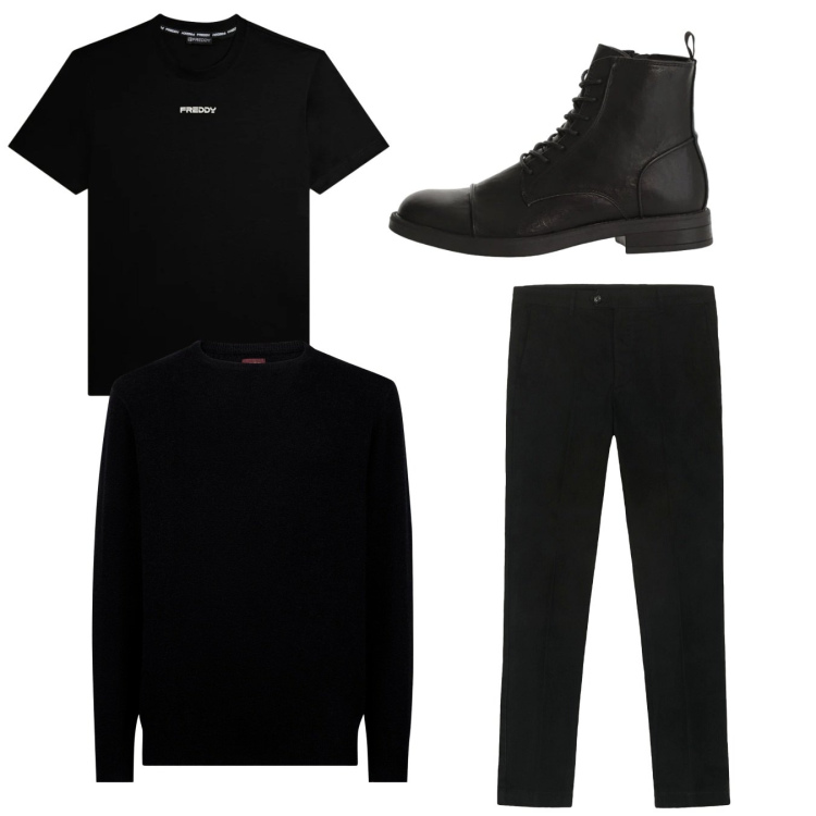 Outfit uomo - City. Stile Urban per Tutti i giorni. Abbinamento con anfibi, t-shirt, maglieria, pantaloni chino.