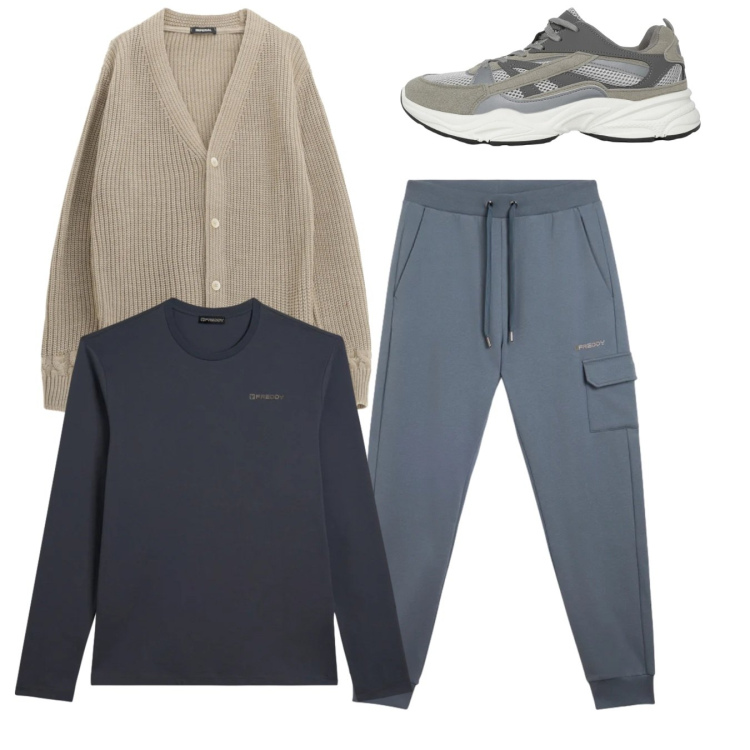 Outfit uomo - City. Stile Casual per Tutti i giorni. Abbinamento con sneakers, cardigans, pantaloni cargo, t-shirt.