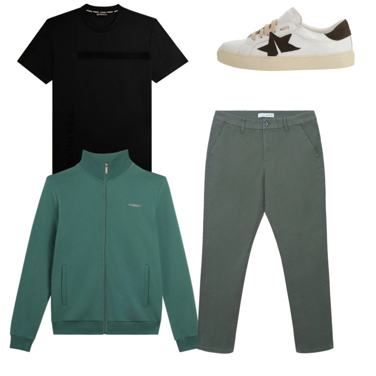 Outfit uomo - City. Stile Casual per Tutti i giorni. Abbinamento con pantaloni chino, sneakers, felpe, t-shirt.