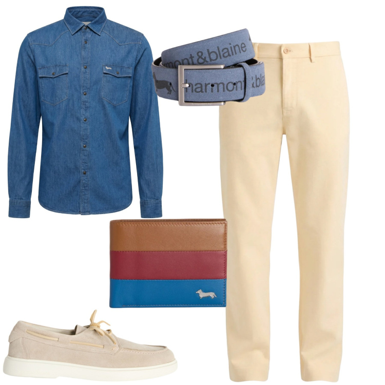 Outfit uomo - Spring. Stile Urban per Tutti i giorni. Abbinamento con scarpe stringate, portafogli, cinture, camicie, pantaloni chino.
