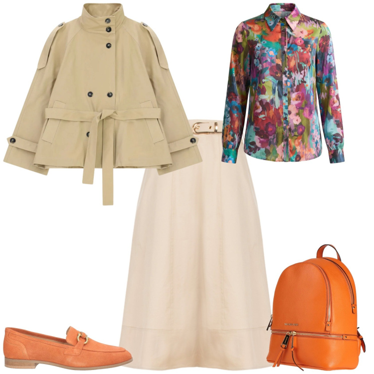 Outfit donna - Casual chic ufficio tempo libero. Stile Casual chic per Tutti i giorni. Abbinamento con zaini, mocassini, camicie, trench, vestiti midi/longuette.