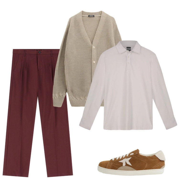 Outfit uomo - City. Stile Casual per Tutti i giorni. Abbinamento con pantaloni, cardigans, sneakers, polo.