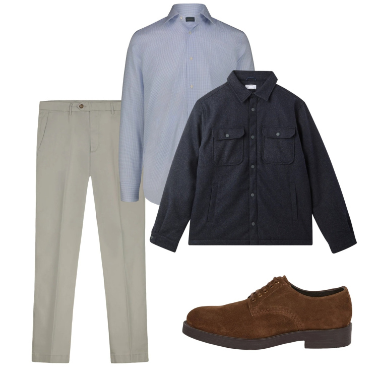 Outfit uomo - City. Stile Casual per Tutti i giorni. Abbinamento con cappotti, scarpe stringate, pantaloni chino, camicie.