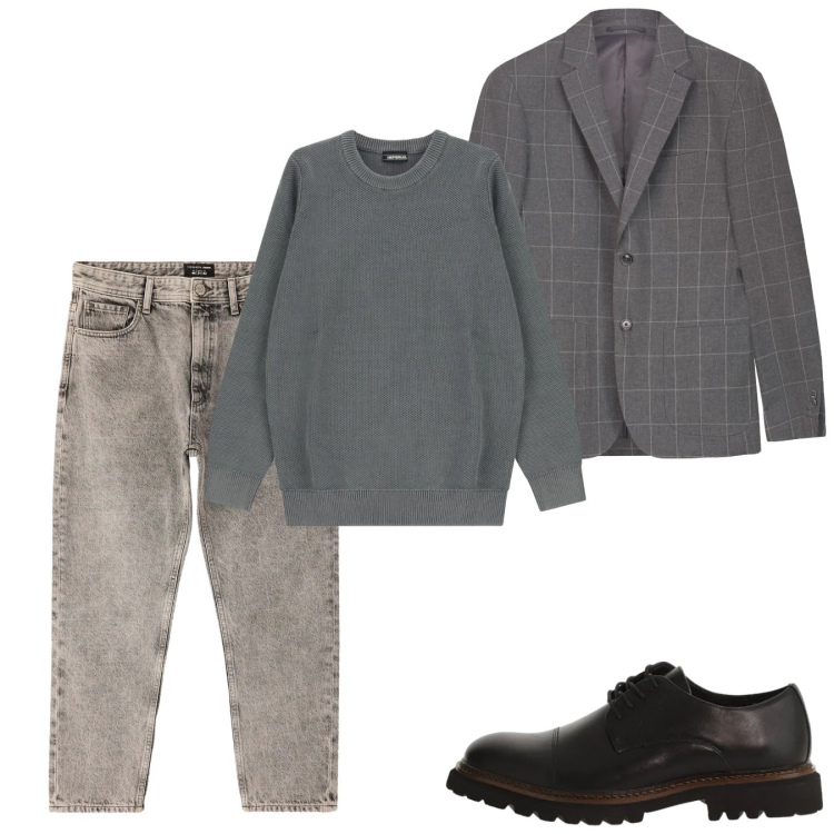 Outfit uomo - City. Abbinamento con jeans dritti, pullovers, scarpe stringate, giacche.