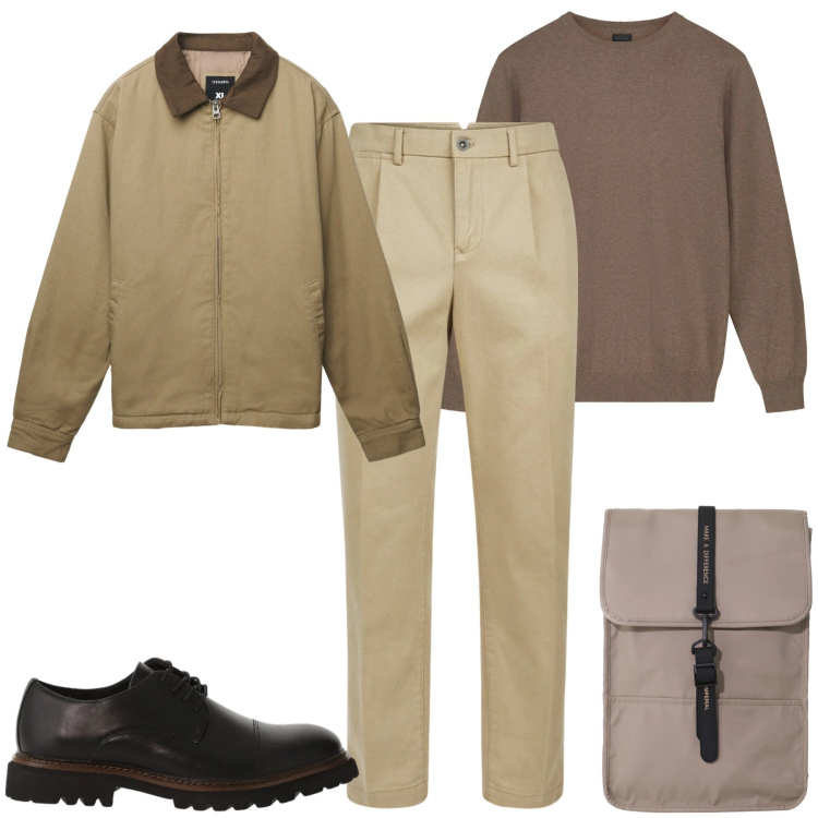 Outfit uomo - City. Stile Urban per Tutti i giorni. Abbinamento con cappotti, borse sportive, scarpe stringate, pantaloni, maglieria.