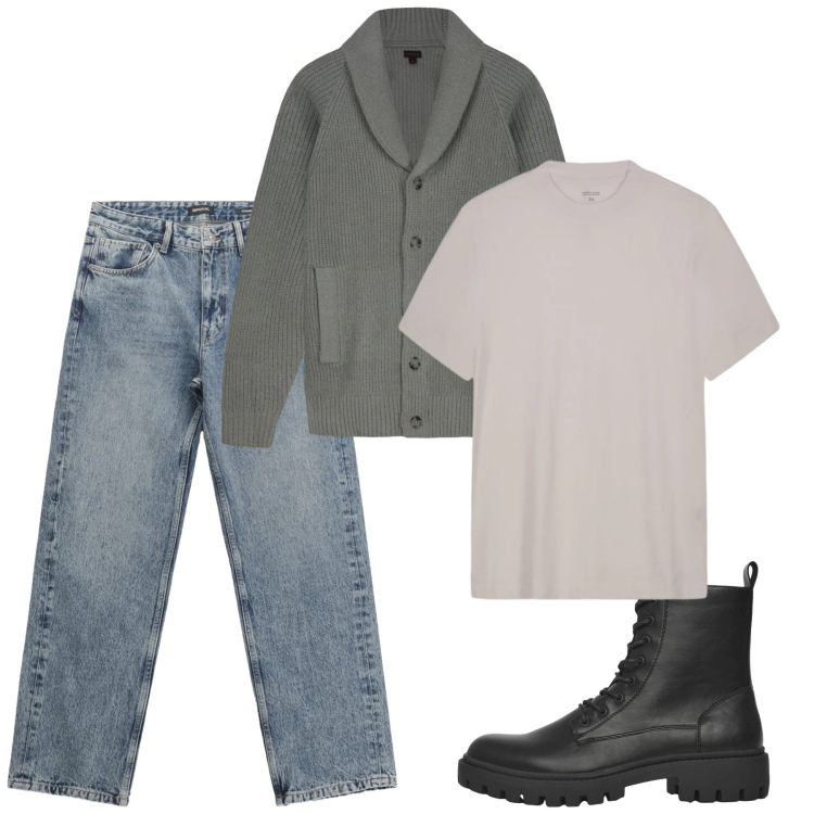 Outfit uomo - City. Stile Casual per Tutti i giorni. Abbinamento con jeans dritti, anfibi, cardigans, t-shirt.