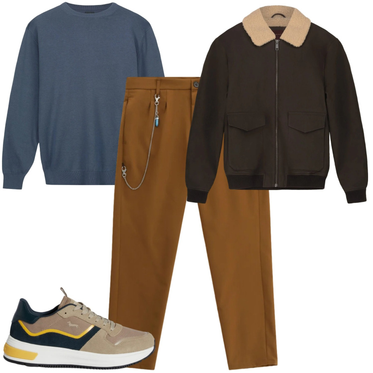 Outfit uomo - City. Stile Urban per Tutti i giorni. Abbinamento con sneakers, pantaloni, maglieria, bomber.