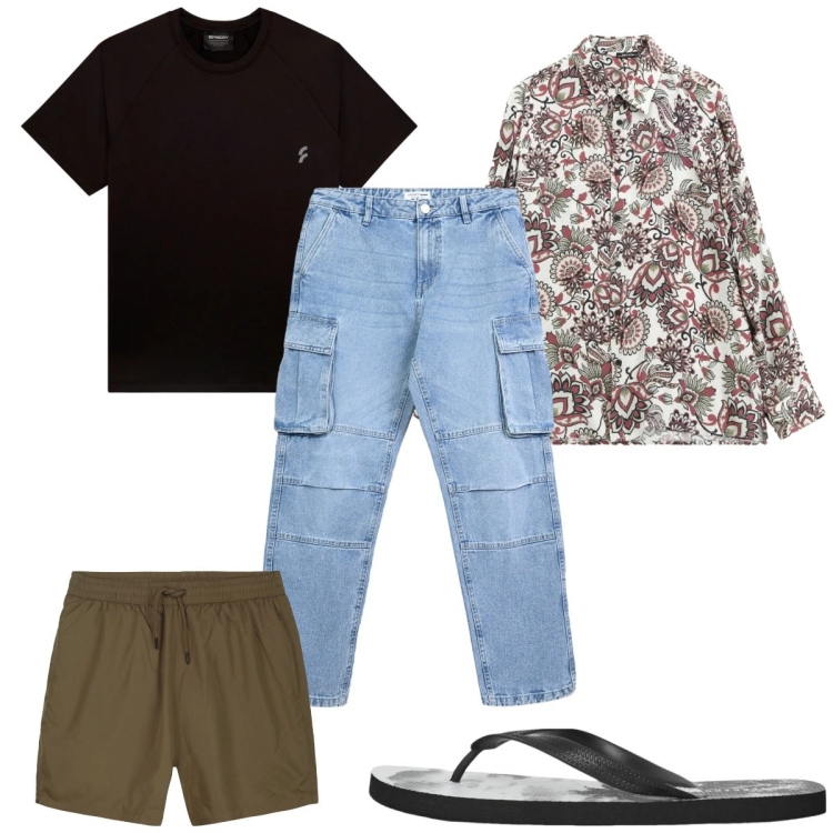 Outfit uomo - Total look #2346486. Stile Trendy per Mare. Abbinamento con sandali, jeans, camicie, t-shirt, costumi.