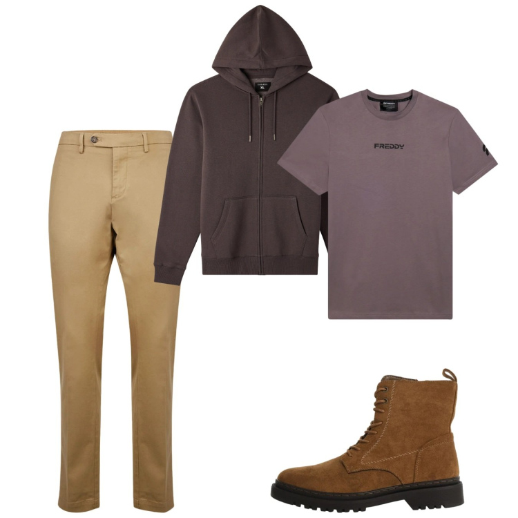 Outfit uomo - City. Stile Casual per Tutti i giorni. Abbinamento con felpe con cappuccio, anfibi, t-shirt, pantaloni chino.