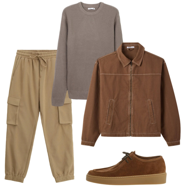 Outfit uomo - City. Stile Casual per Tutti i giorni. Abbinamento con maglieria, cappotti, pantaloni cargo, scarpe stringate.