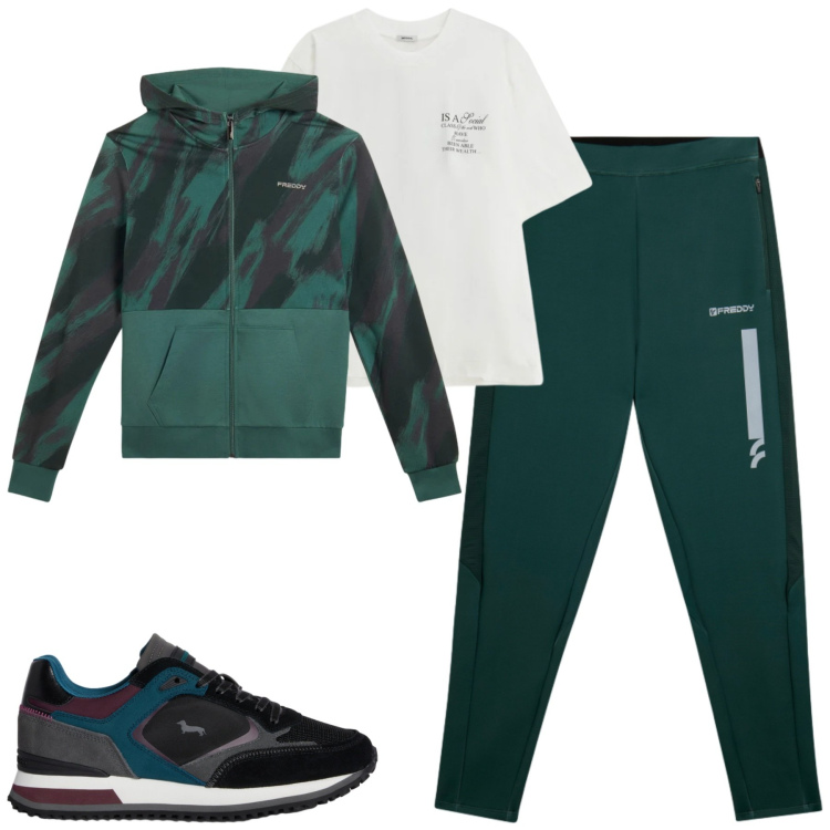 Outfit uomo - Freddy. Stile Casual per Tutti i giorni. Abbinamento con sneakers, t-shirt, pantaloni, felpe con cappuccio.