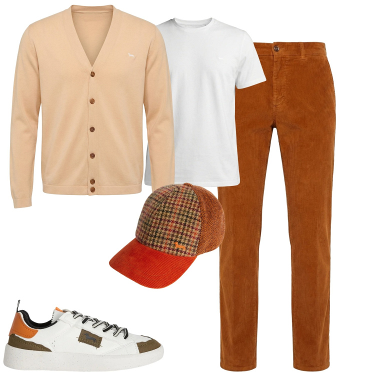 Outfit uomo - Febbraio. Stile Urban per Tutti i giorni. Abbinamento con sneakers, pantaloni chino, t-shirt, cappelli con visiera, cardigans.