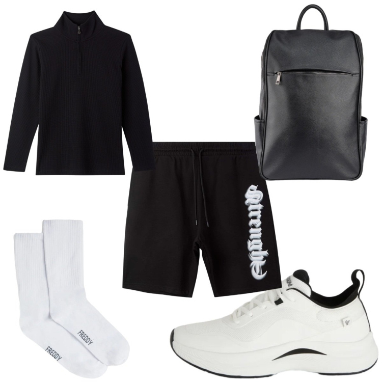 Outfit uomo - Total look #2346503. Stile Trendy per Sport. Abbinamento con bermuda, t-shirt, sneakers, calzini, borse sportive.