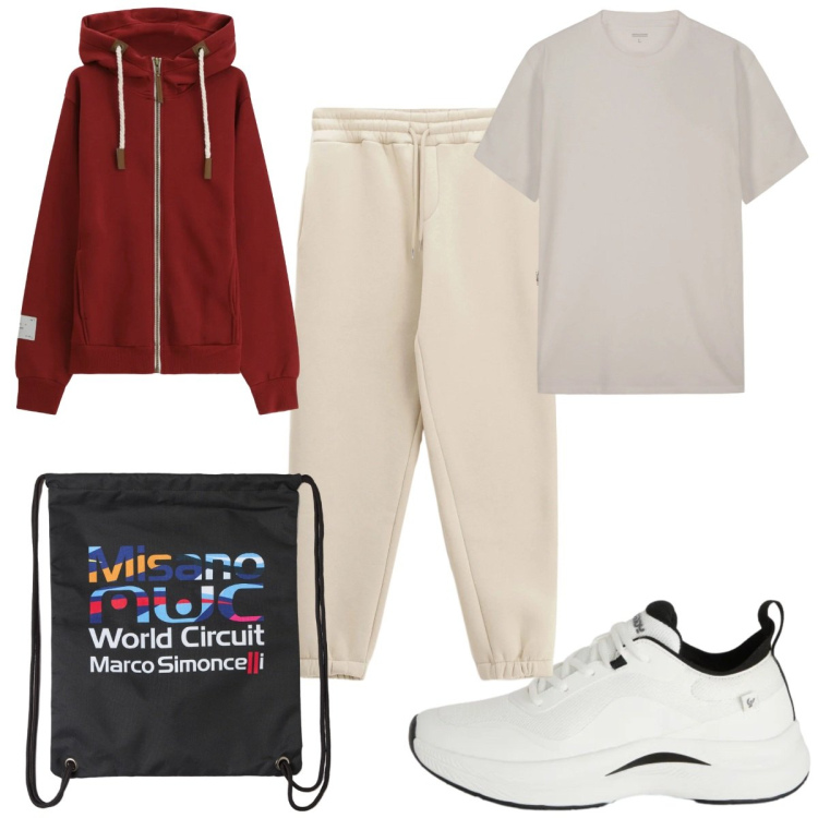 Outfit uomo - Total look #2346505. Stile Trendy per Sport. Abbinamento con felpe con cappuccio, pantaloni, borse sportive, sneakers, t-shirt.