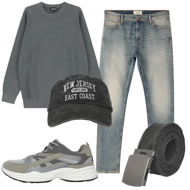 Outfit uomo - Total look #2346506. Stile Casual per Tutti i giorni. Abbinamento con pullovers, sneakers, cinture, cappelli con visiera, jeans skinny.